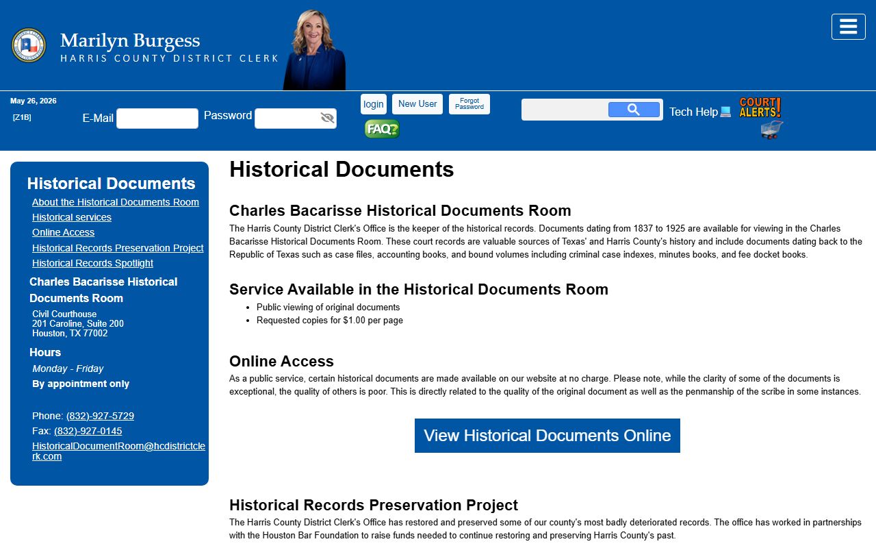 Harris County District Clerk historical documents room records page
