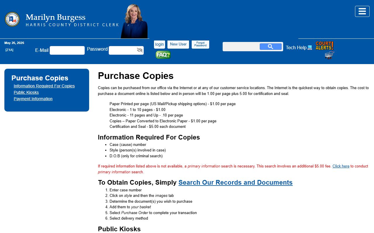 Harris County District Clerk purchase copies and customer service page