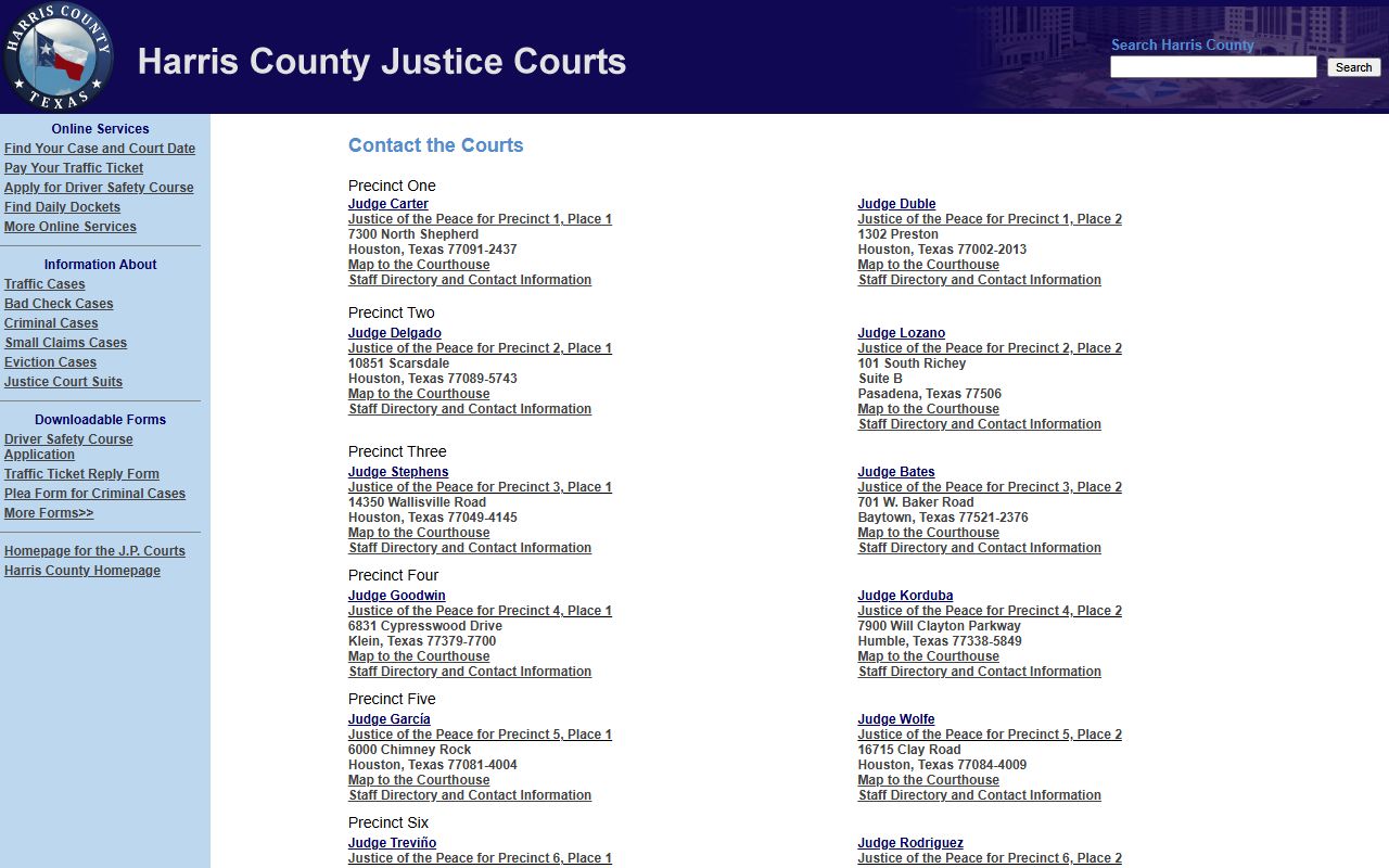 Harris County court dockets justice court contact directory listing all 16 JP court addresses