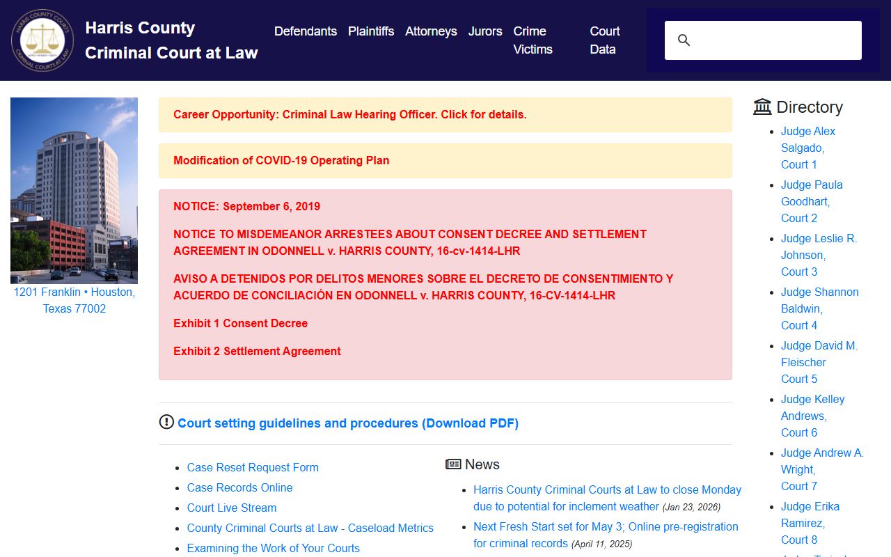 Harris County Criminal Courts at Law page with misdemeanor court records