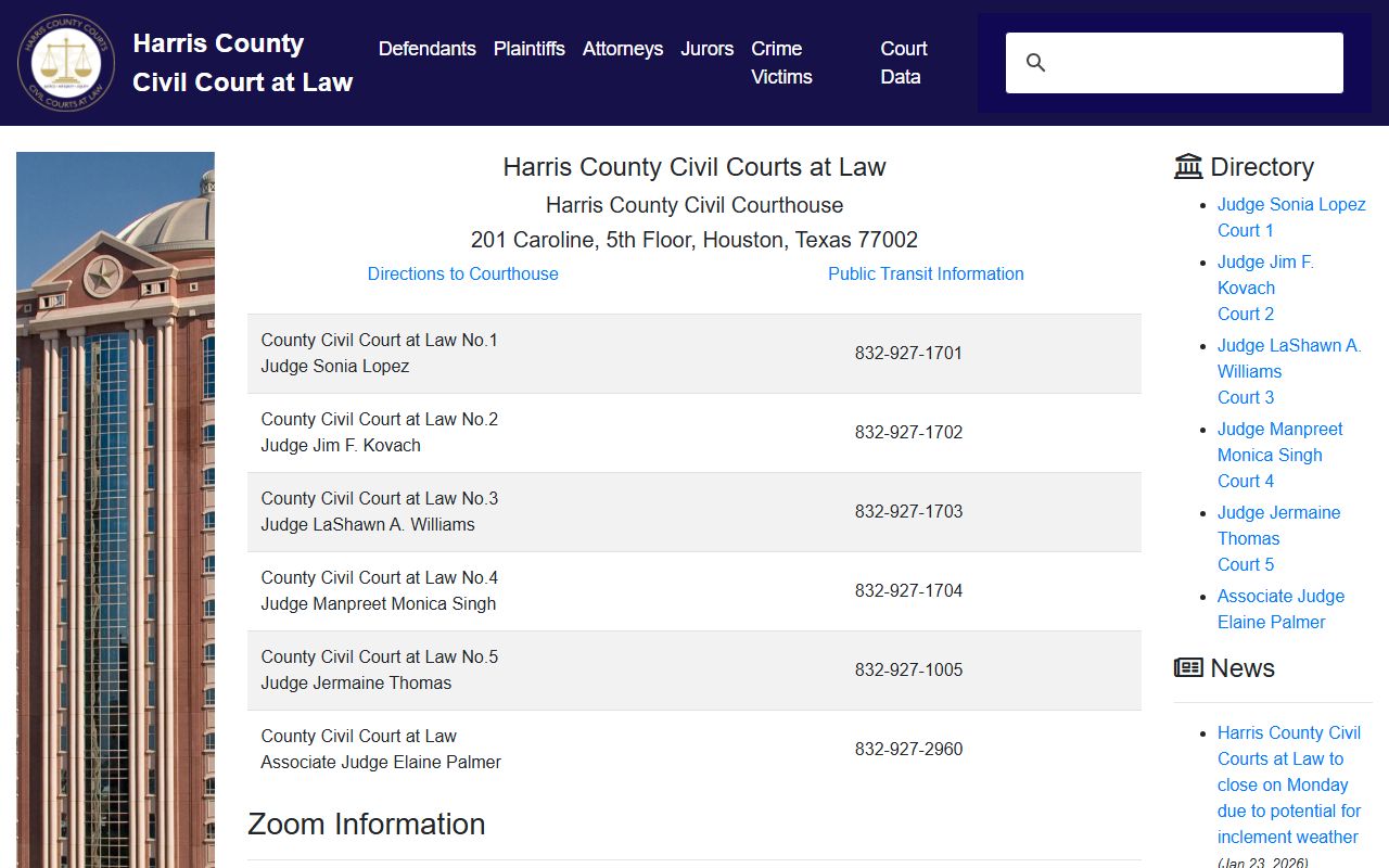 Harris County Civil Courts at Law page with court records and case search