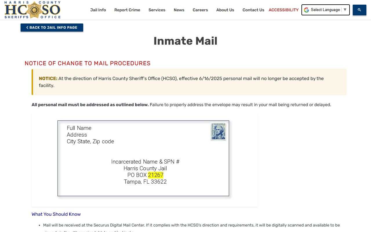 Harris County inmate population and jail mail policy with facility addresses
