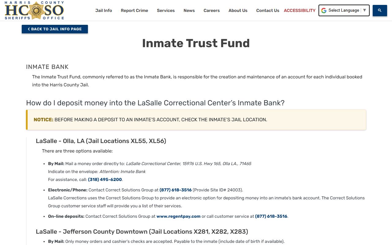 Harris County inmate population and jail inmate trust fund account