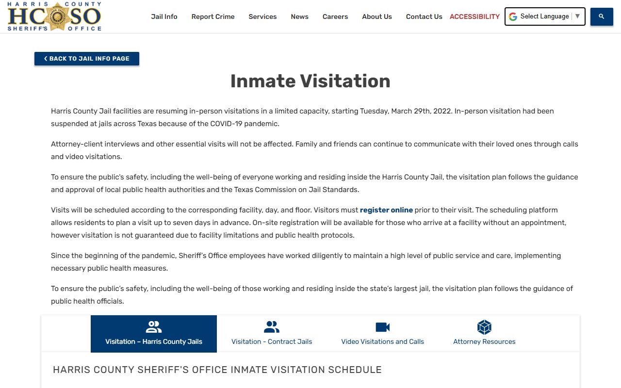 Harris County inmate population and jail visitation schedule by facility