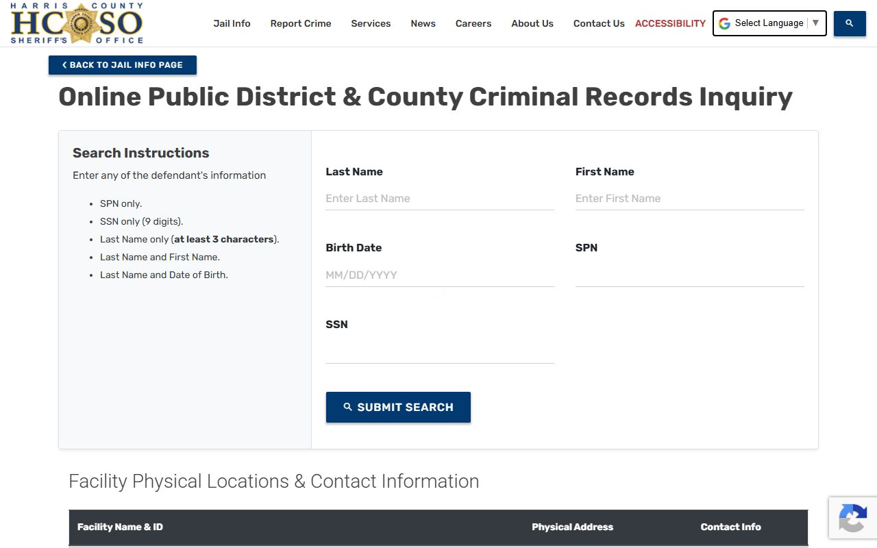 Harris County inmate records HCSO Find Someone in Jail page