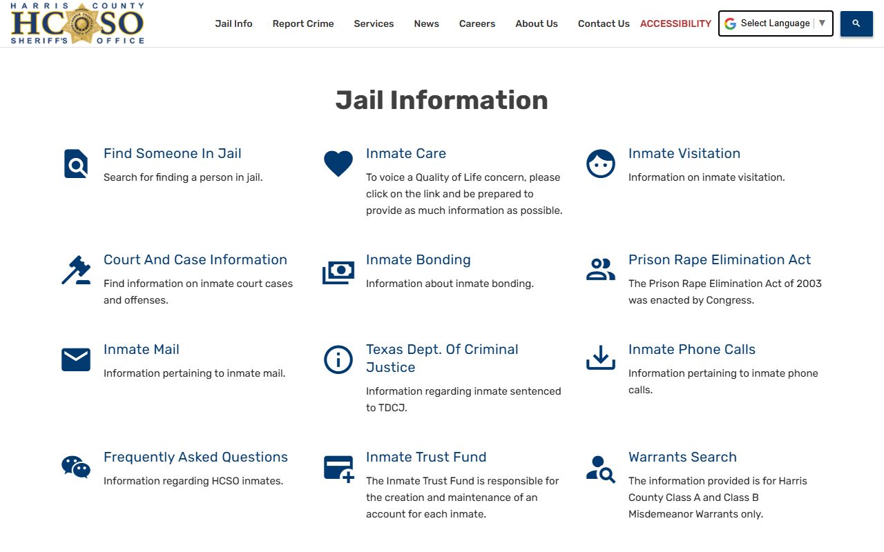 Harris County inmate records HCSO Jail Information landing page