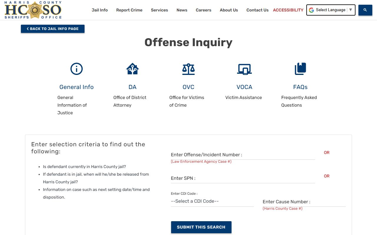 Harris County inmate records HCSO Offense Inquiry search tool