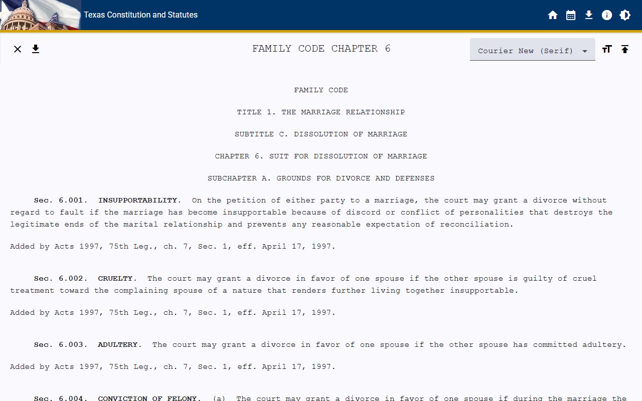 Harris County marriage and divorce records Texas Family Code Chapter 6 divorce statute