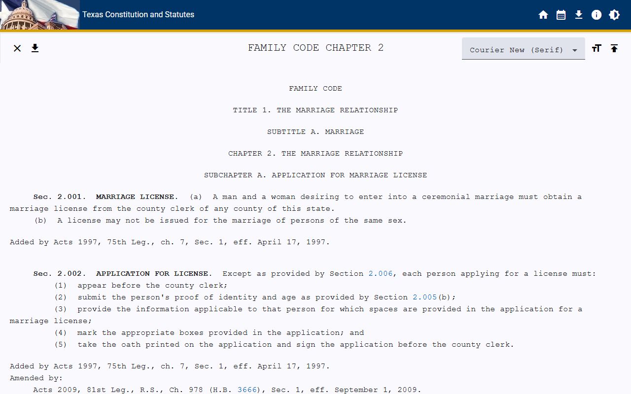 Harris County marriage and divorce records Texas Family Code Chapter 2 marriage statute