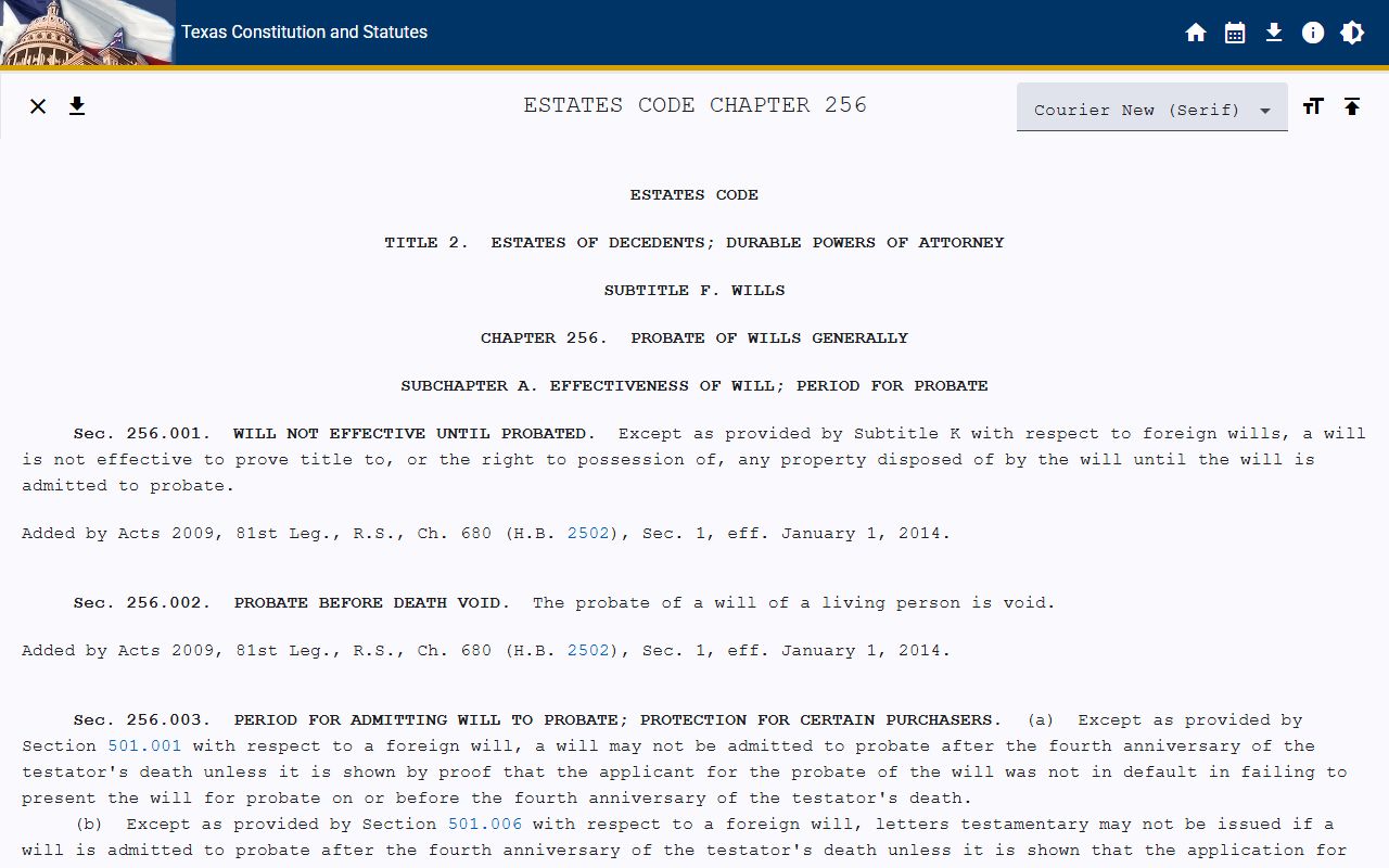 Harris County probate records governed by Texas Estates Code Chapter 256 on probate of wills