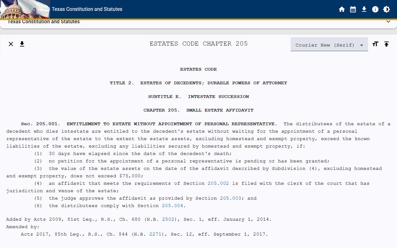 Harris County probate records and Texas Estates Code Chapter 205 small estate affidavit rules