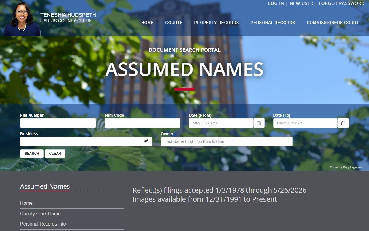 Harris County public records assumed name search at the County Clerk