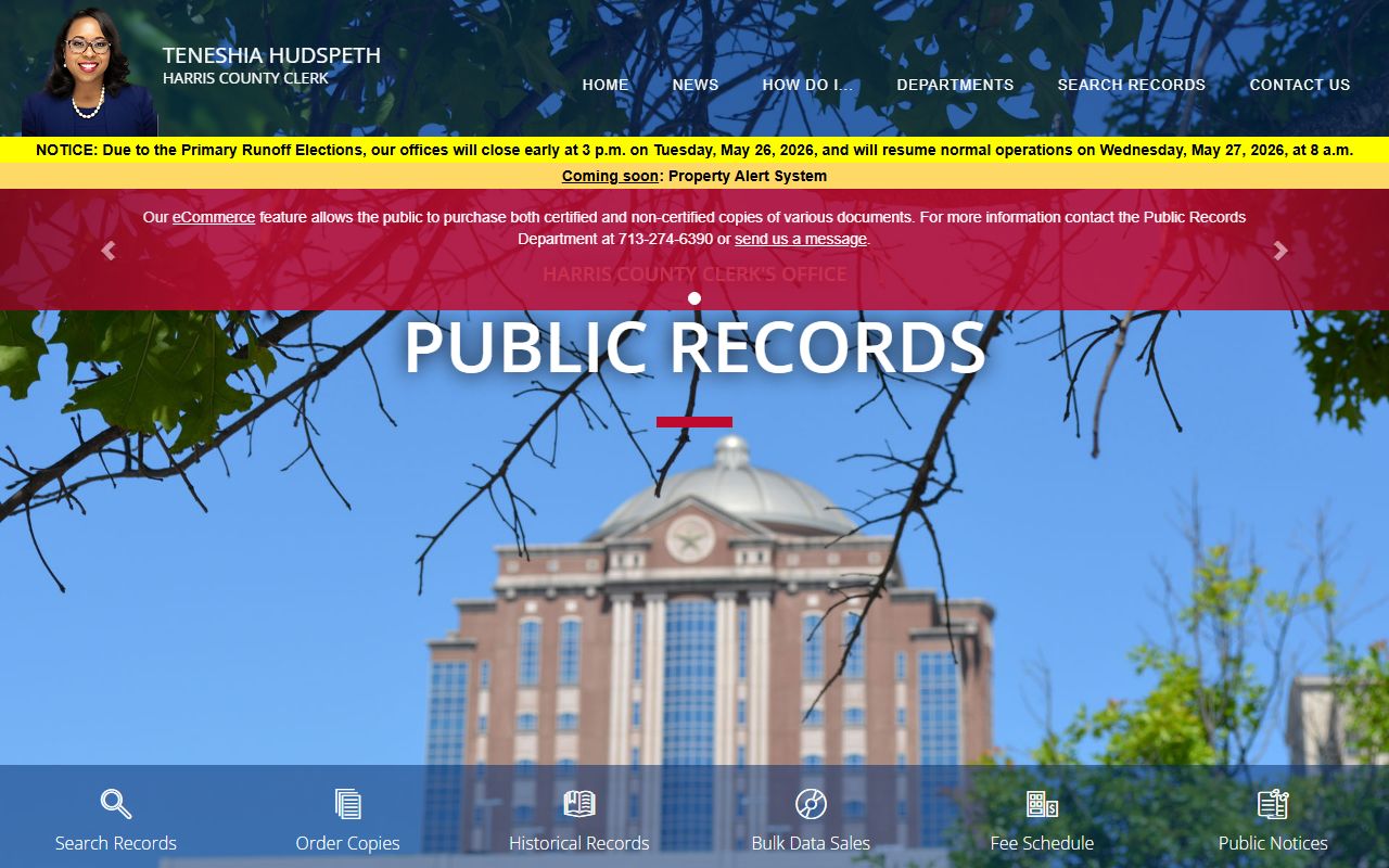 Harris County public records page at the County Clerk for land, marriage, and DBA records