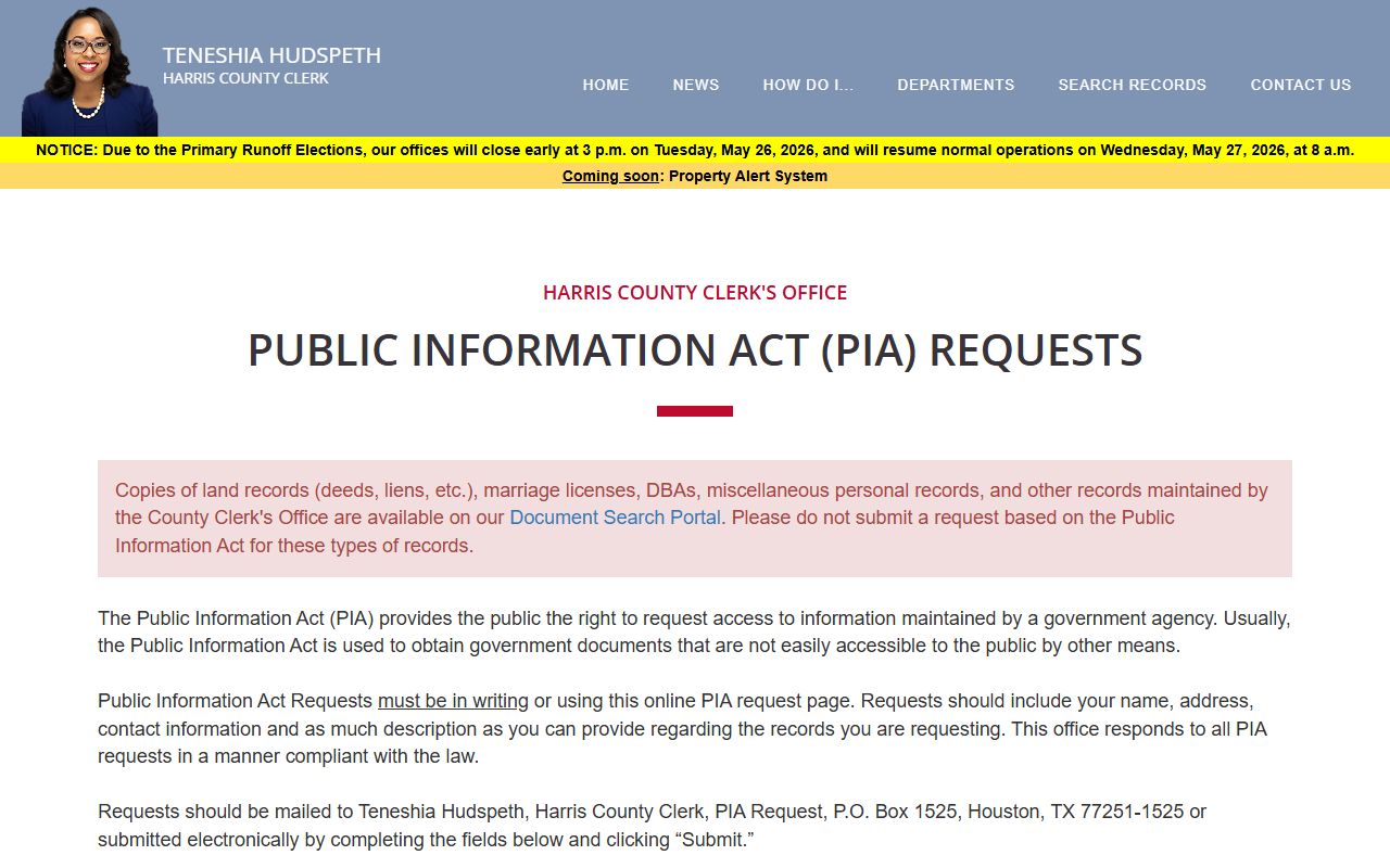 Harris County public records Public Information Act request page at the County Clerk