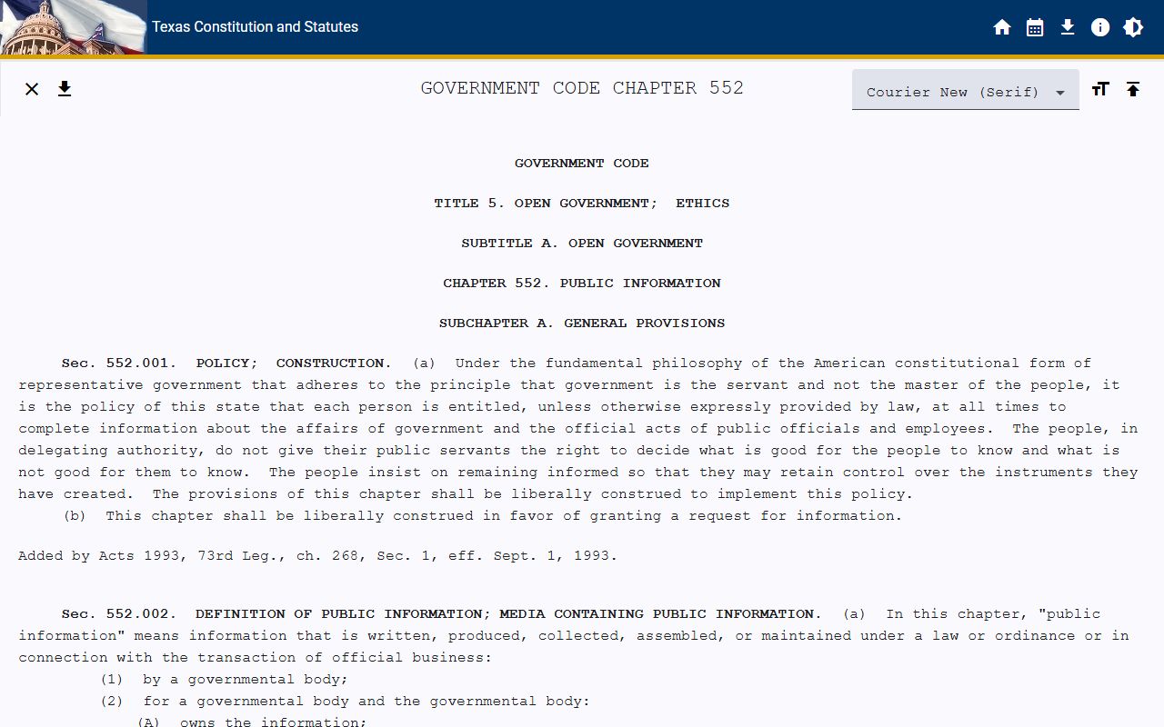Harris County warrant records Texas Public Information Act Chapter 552 statute page